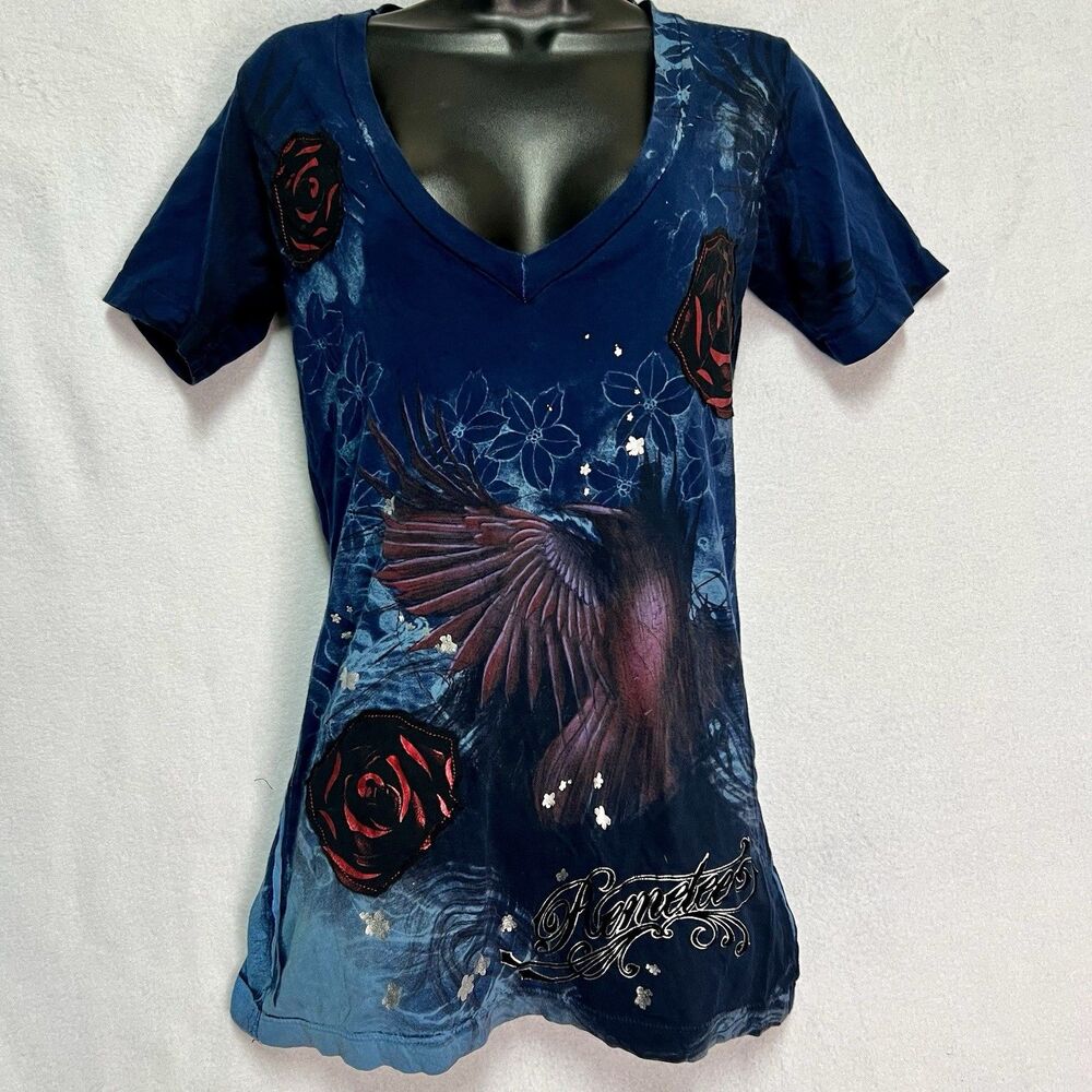 Remetee Blue Bird & Rose Graphic V-Neck Tee Size L Y2K Tattoo Goth Alt Edgy Art